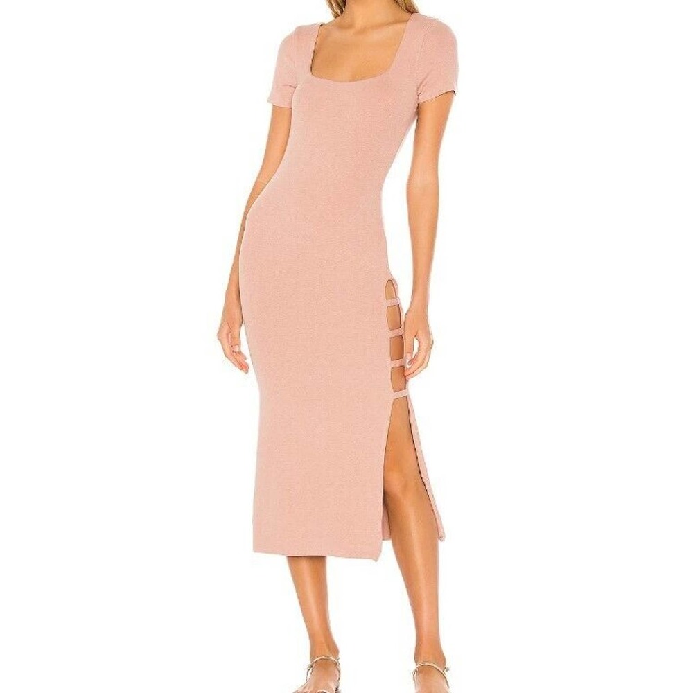 Song of Style XS Dress Nude Pink Midi Rigby Short Sleeve Ribbed Cut Out NEW NWT